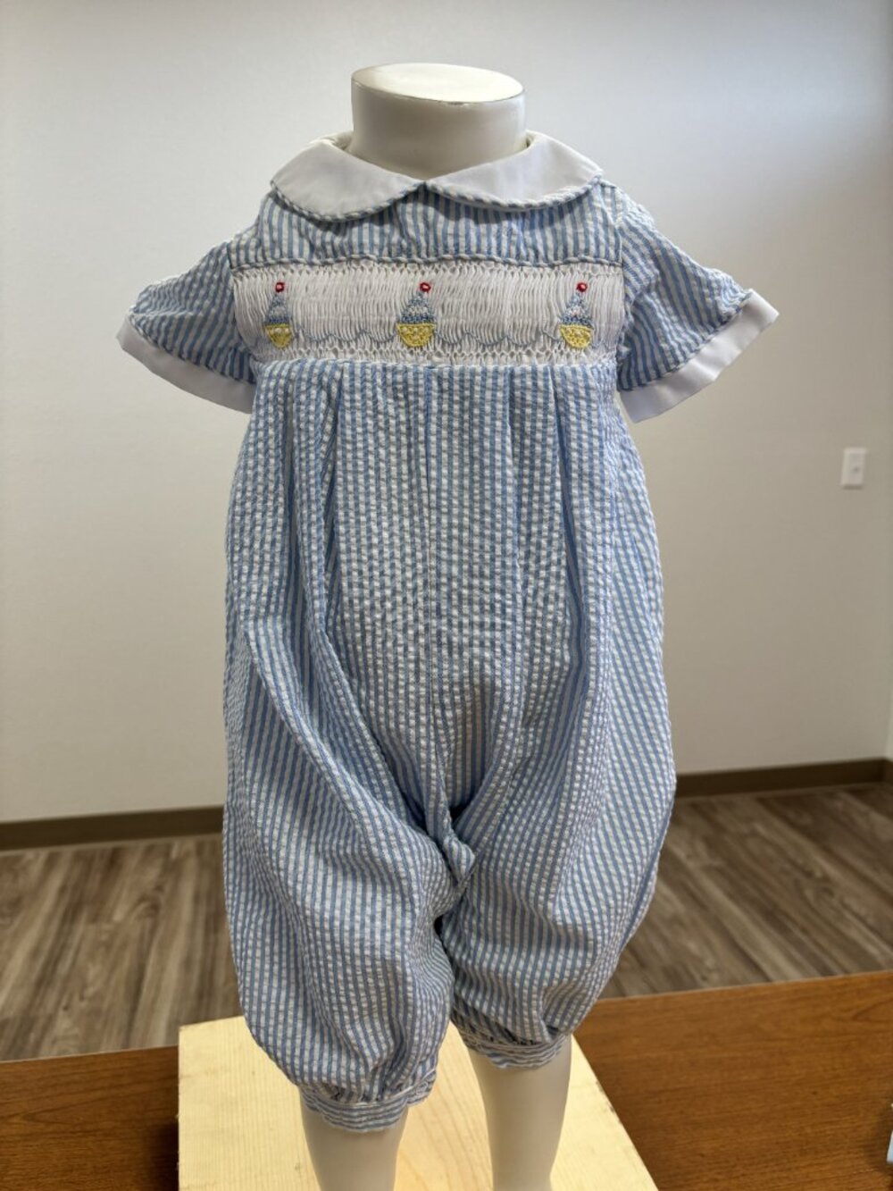 Carter's Newborn Blue Seersucker Smocked Sailboat Romper | Heirloom Style